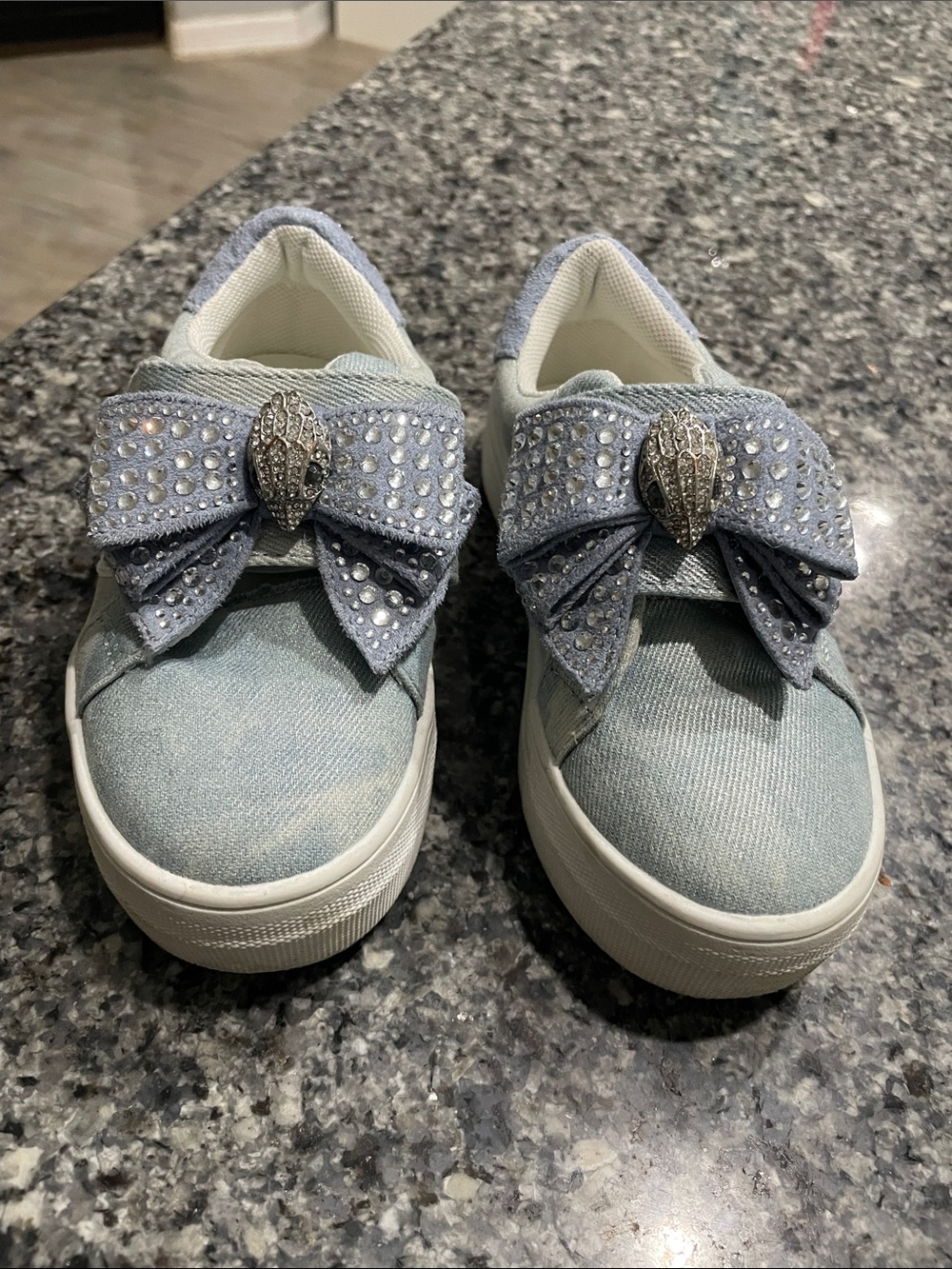 Kurt Geiger Light Blue Girls Slip-On Sneakers with Bow and Crystals